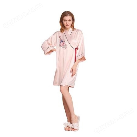 廷镁跨境新品夏季睡衣仿真丝薄款睡袍印花浴袍时尚家居服女士