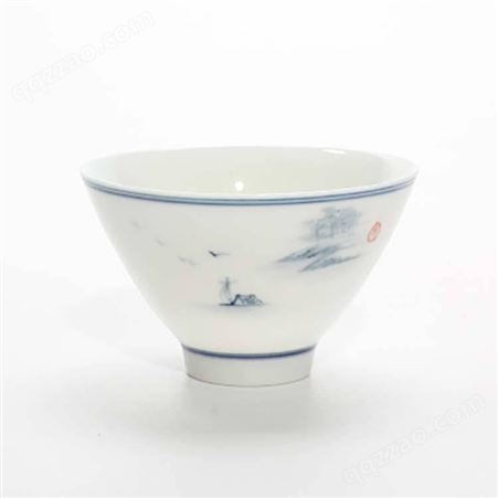 中式青花山水手绘小茶杯 白瓷品茗杯小茶碗 小碗杯茶具小杯