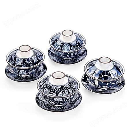 陶瓷创意盖碗茶杯 青花釉下彩敬茶碗套装 中式手抓壶手绘泡茶杯