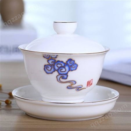 景德镇釉下彩荷花盖碗茶杯 创意茶具 家用三才碗茶碗