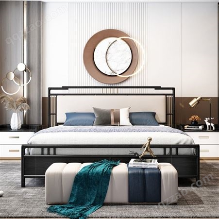 新中式轻奢软包床 1.5m样板房1.8米双人床定制 主卧禅意风现代简约实木床批发