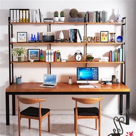北欧双人书桌电脑台式桌 铁艺实木书桌书架组合定制 家用卧室一体办公桌批发